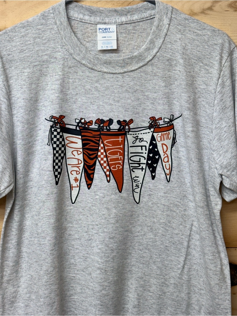 Port and Company Gray Tee with Orange and Black 'Tigers' Pennant Graphic